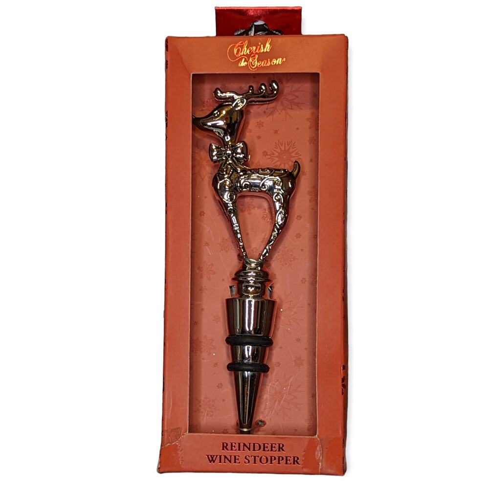 NWT Cherish The Season Metal & Rubber Reindeer w/Bow Filigree Wine Stopper